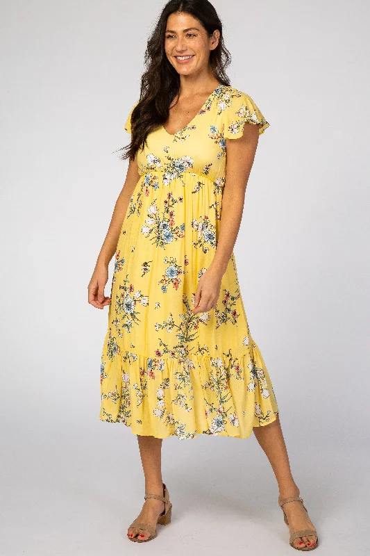Yellow Floral Flounce Sleeve Midi Dress Elegant Satin Midi Dress