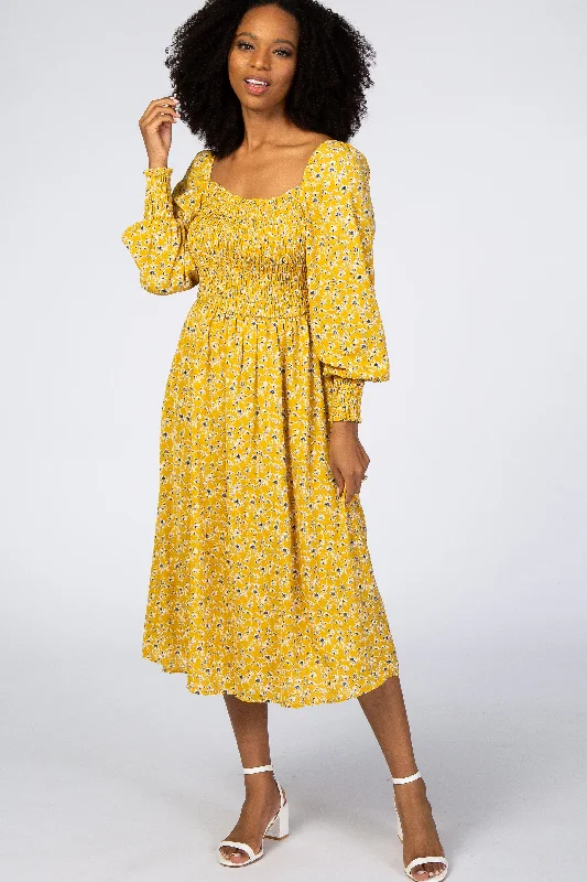 Yellow Floral Smocked Bubble Sleeve Midi Dress Cozy Spaghetti Strap Midi Dress