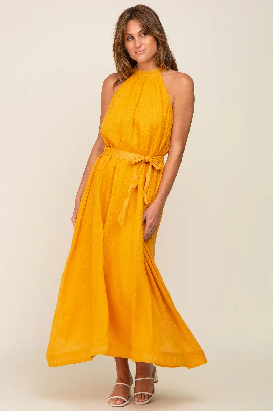 Yellow Linen A-line Midi Dress Comfortable Fit-and-Flare Midi Dress
