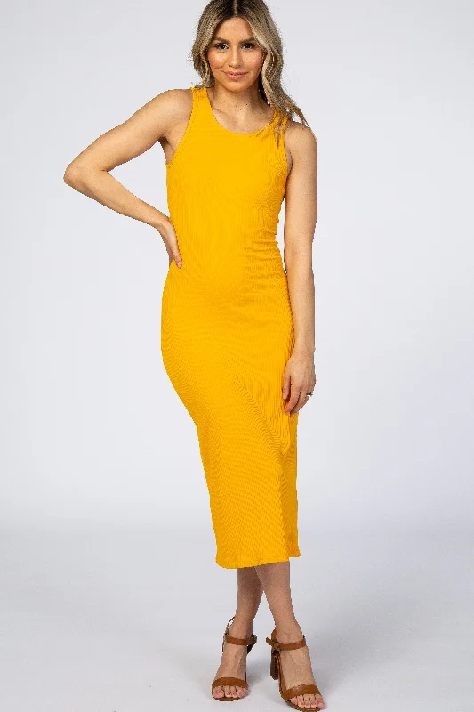 Yellow Ribbed Midi Dress Elegant Floral Skirt Midi Dress