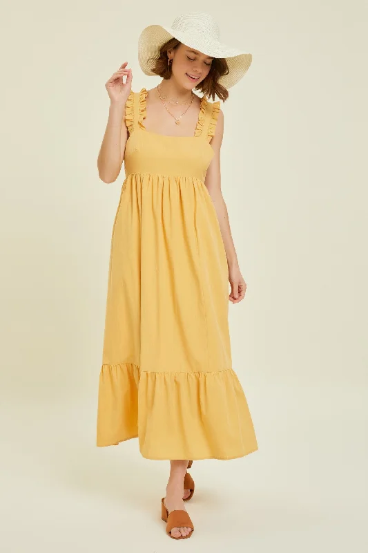 Yellow Ruffle Accent Back Tie Midi Dress Trendy Fit-and-Flare Midi Dress