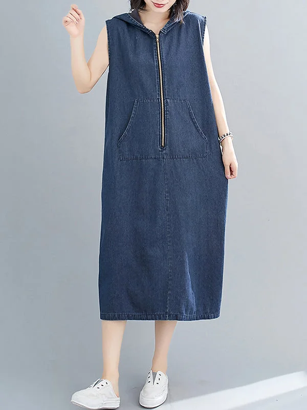 Zipper Loose Hooded Midi Dress Sleeveless Stylish Satin Midi Dress