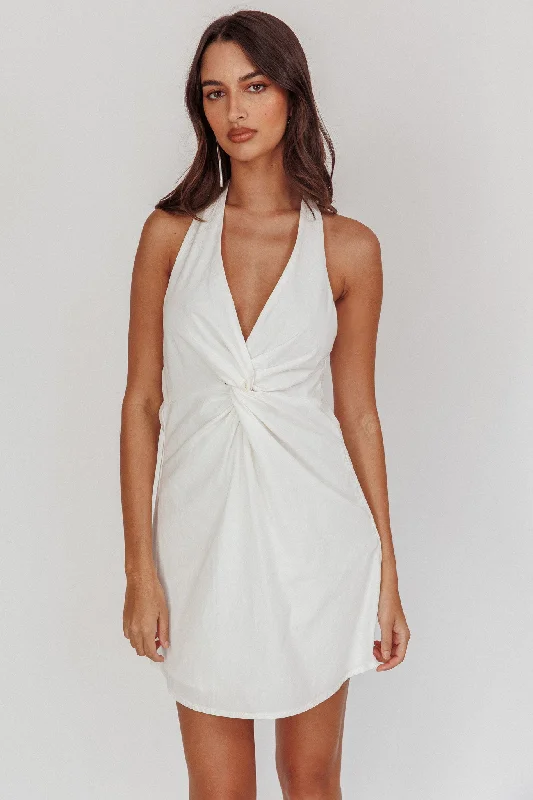 Zoriah Twist Bust Halterneck Mini Dress White Fashionable Mini Dress with Pockets