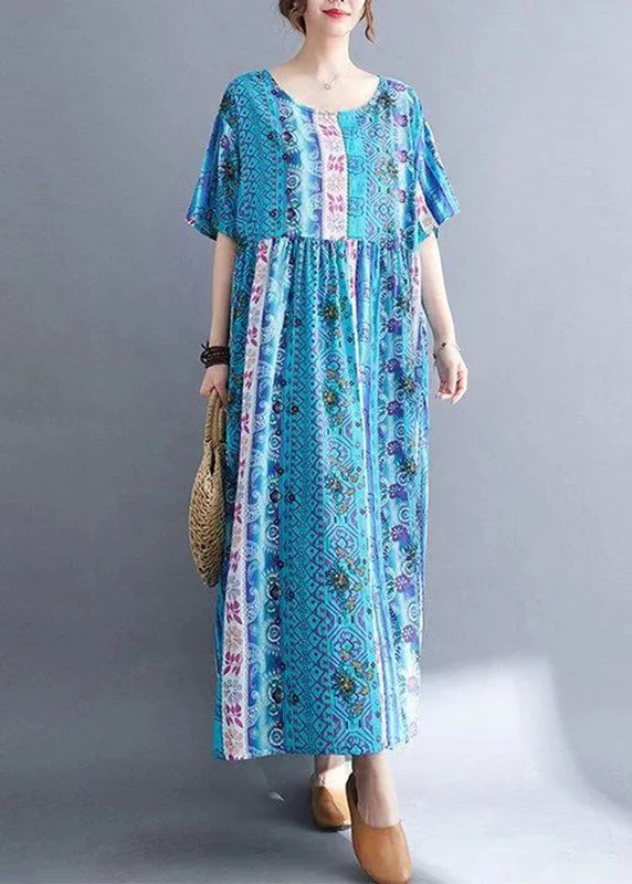 Blue O-Neck Patchwork Maxi Dresses Summer