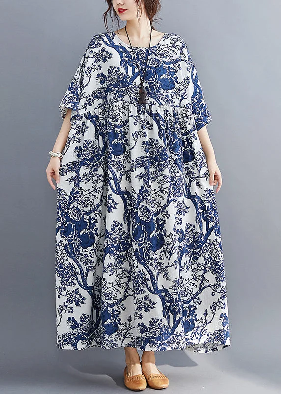 Casual Blue O-Neck Print Patchwork Wrinkled Maxi Dresses Summer