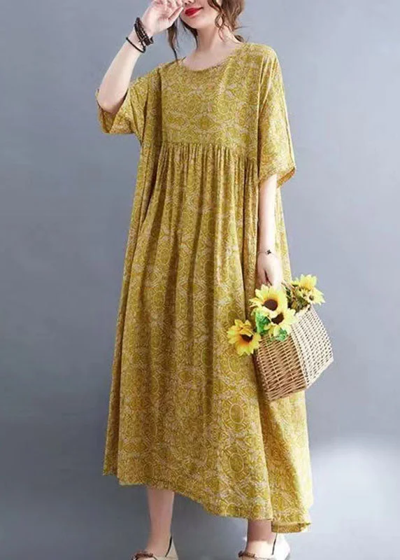 Classy Yellow Patchwork Wrinkled Maxi Dress Half Sleeve