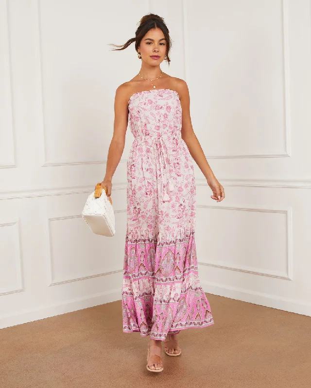 Fia Strapless Border Print Tie Waist Maxi Dress