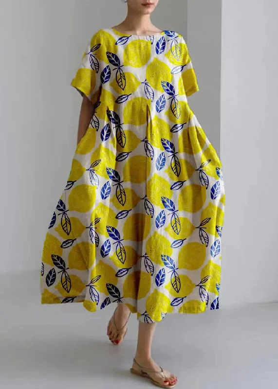 Handmade Yellow Wrinkled Pockets Holiday Maxi Dress Summer