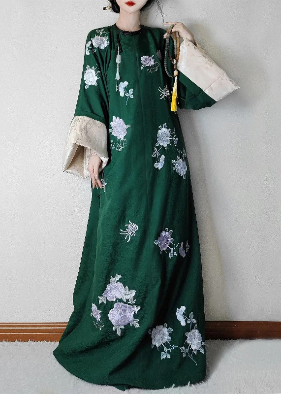 Jacquard Green Embroidered Button Silk Maxi Dresses Long Sleeve