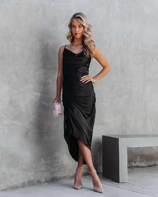 Juliana Satin Cowl Neck Ruched Asymmetrical Maxi Dress