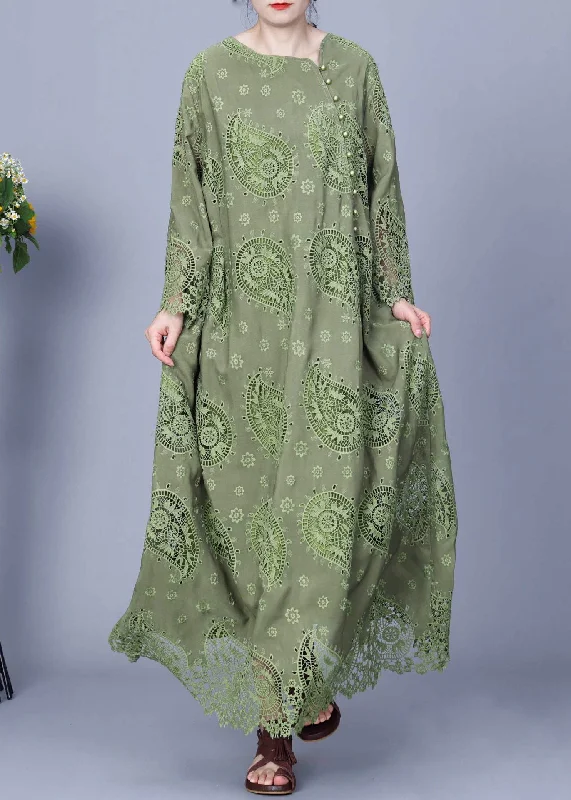 Loose Green Embroidered Button Cotton Maxi Dress Long Sleeve