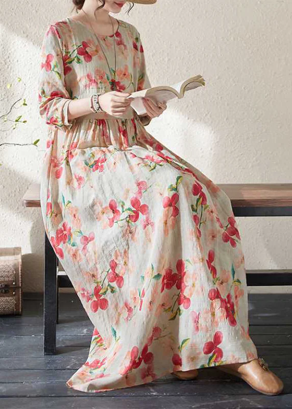 Loose Print Patchwork Wrinkled Maxi Dress Long Sleeve