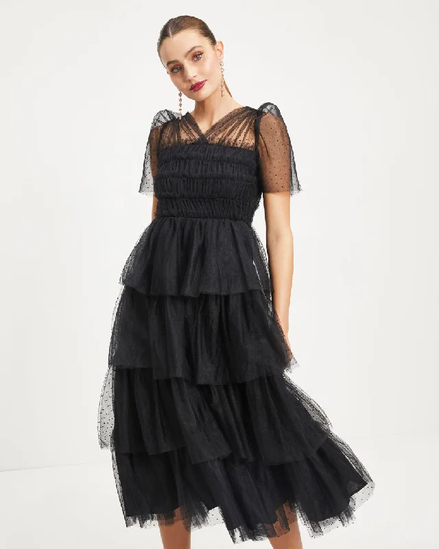 Night At The Opera Tulle Tiered Polka Dot Maxi Dress