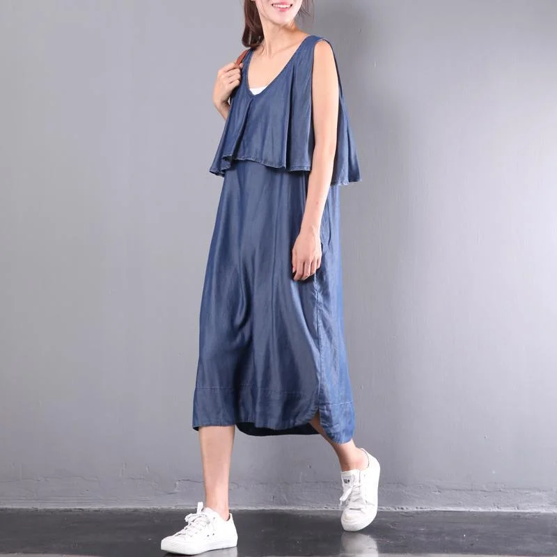 original navy stylish cotton dresses plus size ruffles sundress patchwork sleeveless maxi dress