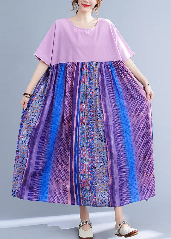 Plus Size Light Purple Patchwork Print Maxi Dress Summer