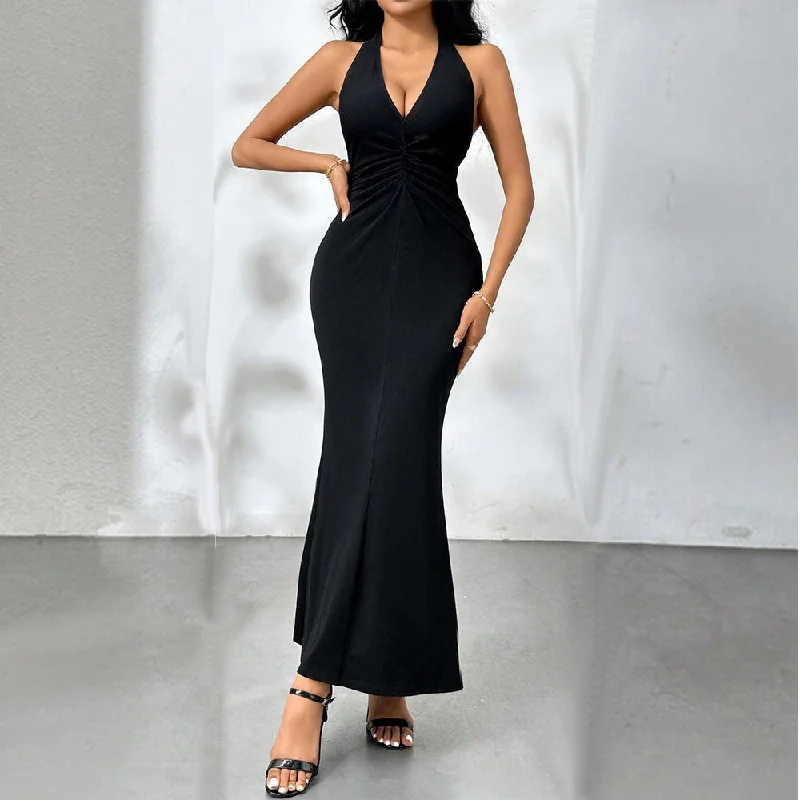 Ruched Backless Halter V-neck Mermaid Maxi Dress