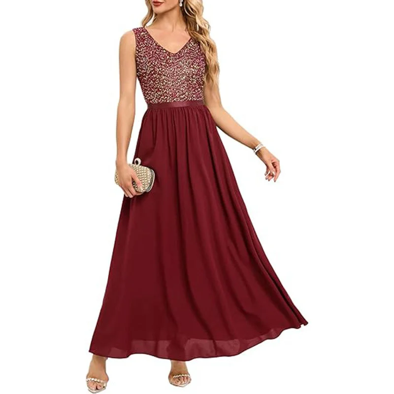 Sleeveless A Line Bridesmaid Dress Sequined High Waisted Maxi Dress