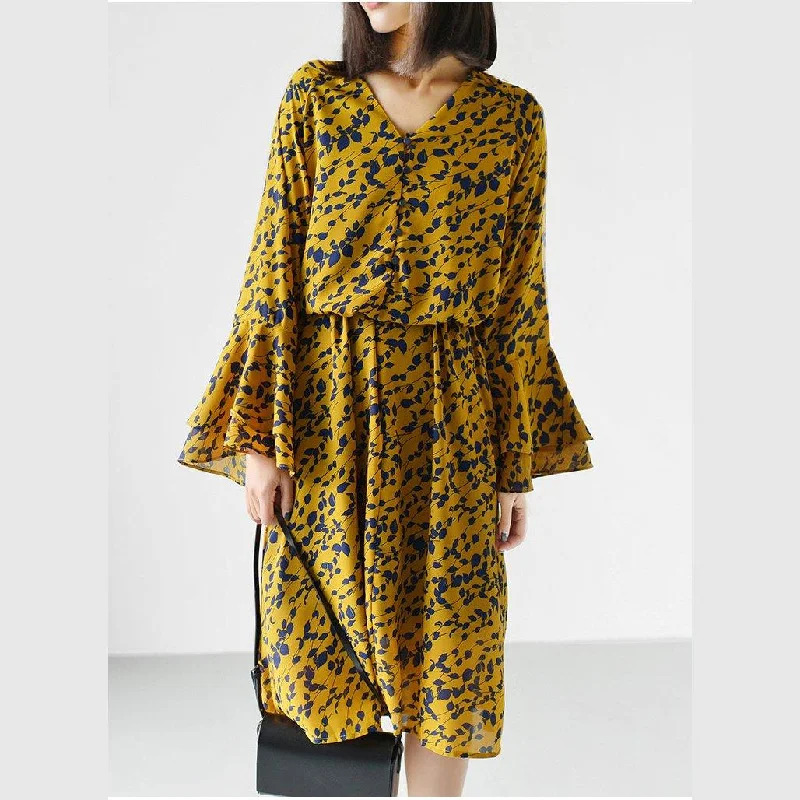 V neck chiffon maxi dress casual trumpet sleeve summer dress yellow