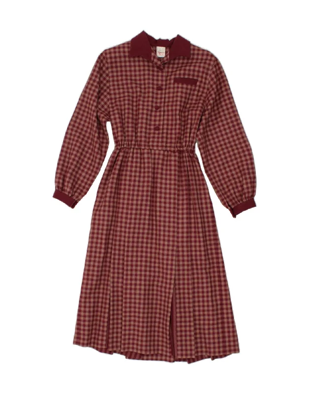 VINTAGE Womens Long Sleeve Maxi Dress UK 12 Medium Maroon Gingham