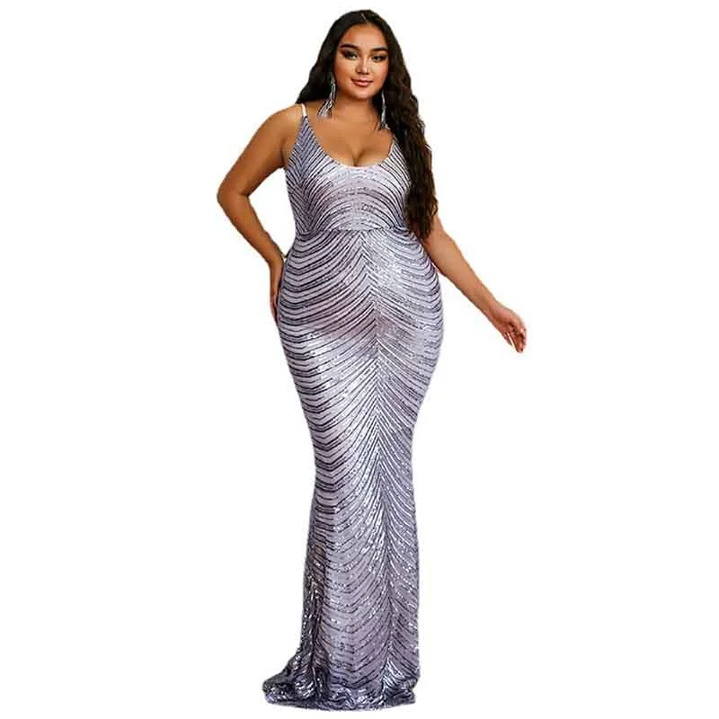 Wedding Plus Size Grey Sequin Dress V-Neck Sleeveless Dress Mermaid Maxi Dress