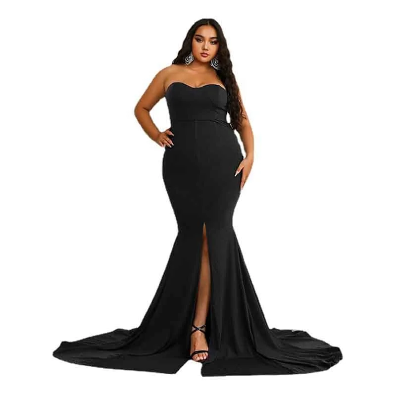 Women Prom Gown Plus Size Strapless Slit Front Wedding Evening Party Maxi Dress