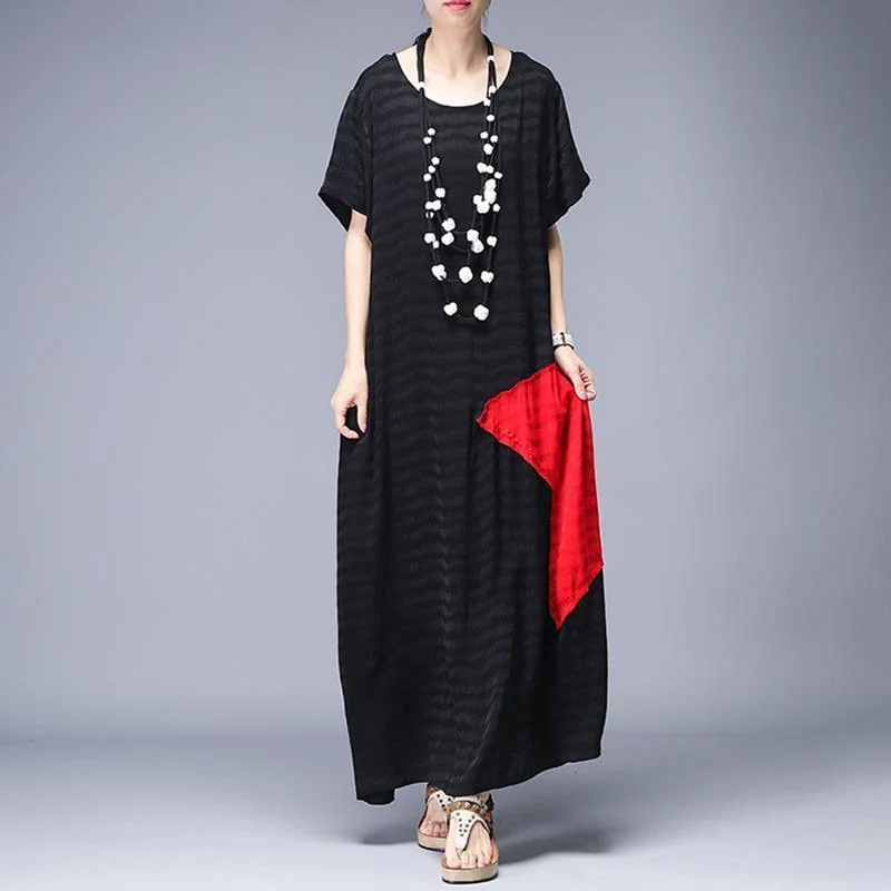 Women Silk Wardrobes Mom Patchwork Design Casual Elegant Maxi Dress