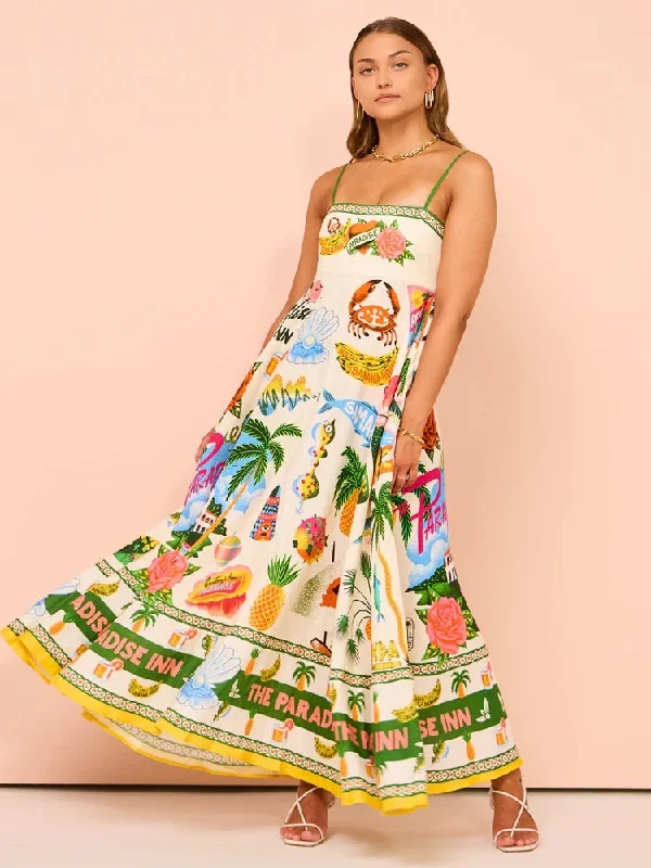 Women Suspender Graffiti Cotton and Linen Print Maxi Dress Classic V-Neck Maxi Dress Women Suspender Graffiti Cotton and Linen Print Maxi Dress Classic V-Neck Maxi Dress