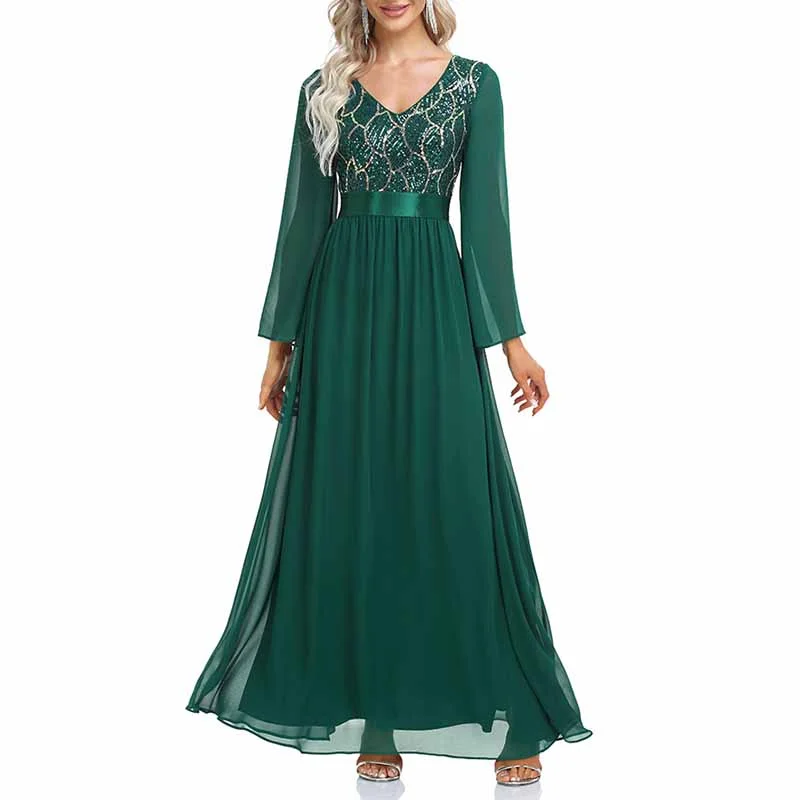 Women's Dark Green Long Sleeve Bridesmaid Dress Evening Maxi Dress