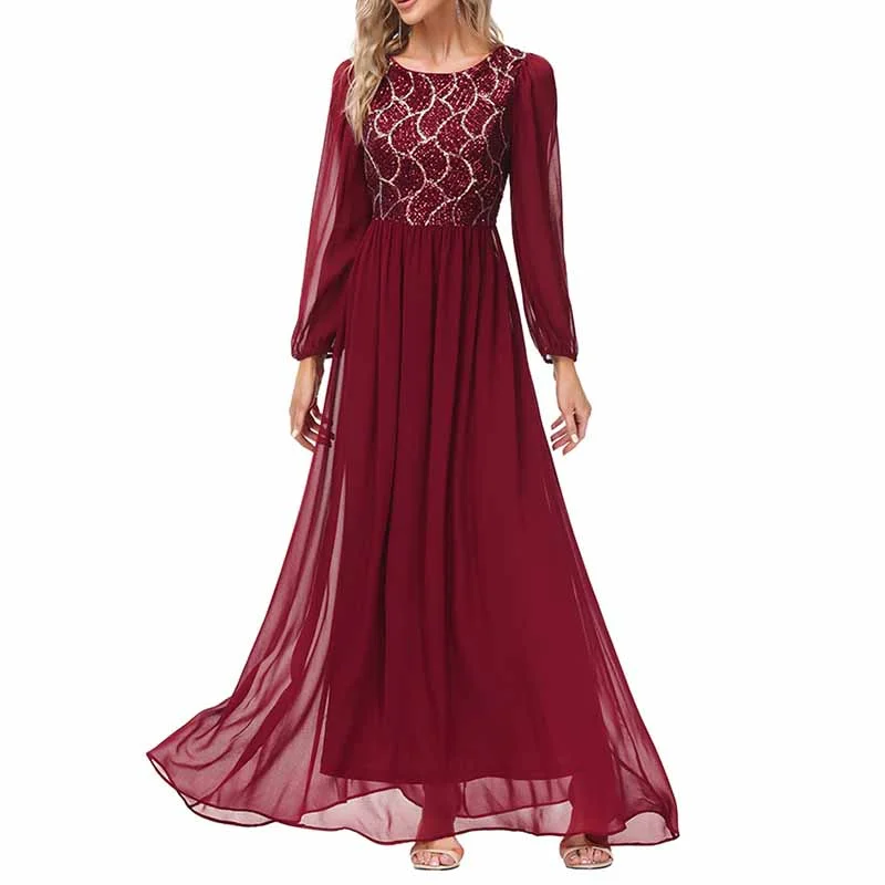 Women's Wine red Long Sleeve Bridesmaid Dress Evening Maxi Dress