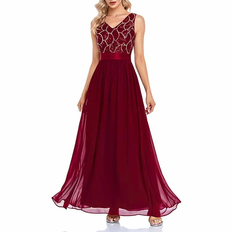 Women's Wine red Sleeveless Bridesmaid Dress Evening Maxi Dress