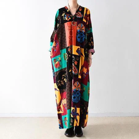 Yellow floral long sleeve cotton dresses linen maxi dress caftans