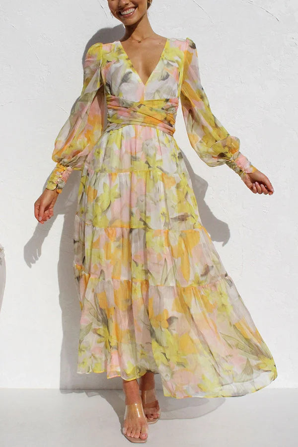 Yellow Olena Abstract Floral Balloon Sleeves Maxi Dress