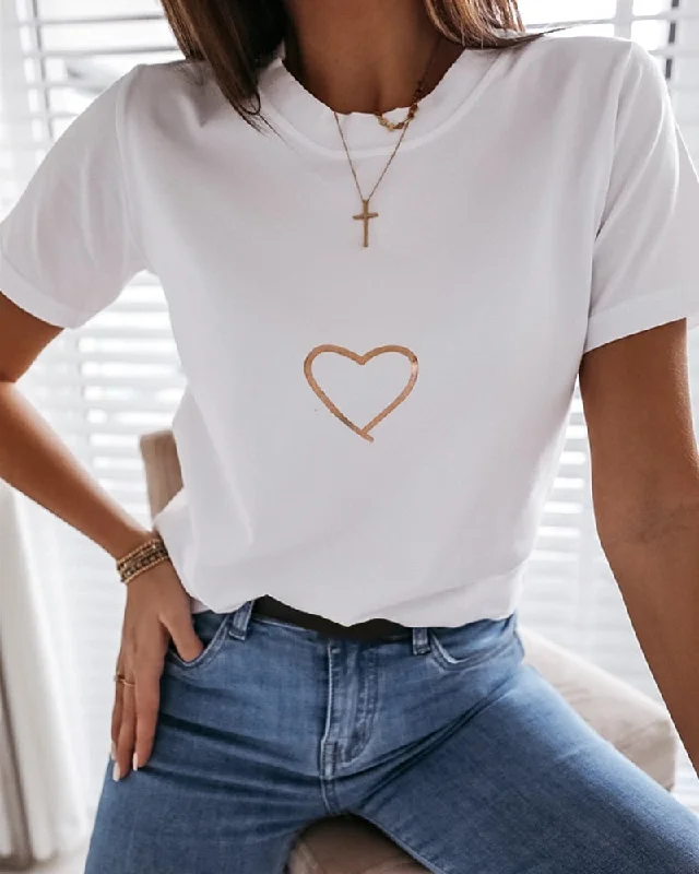 2020 Summer Women New Fashion Heart Print Short Sleeve Casual T-shirt Heart Print Casual O Neck Basic Tee Female T Shirt