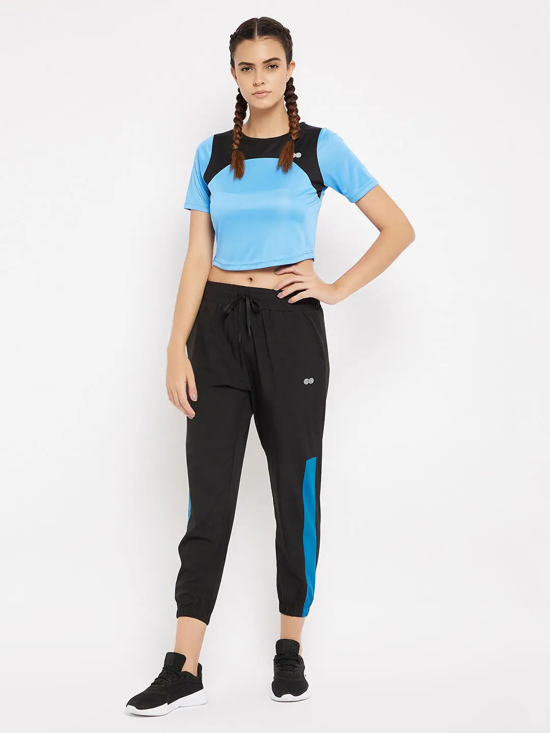 Clovia Comfort-Fit Active Cropped T-shirt in Light Blue with Yoke Panel