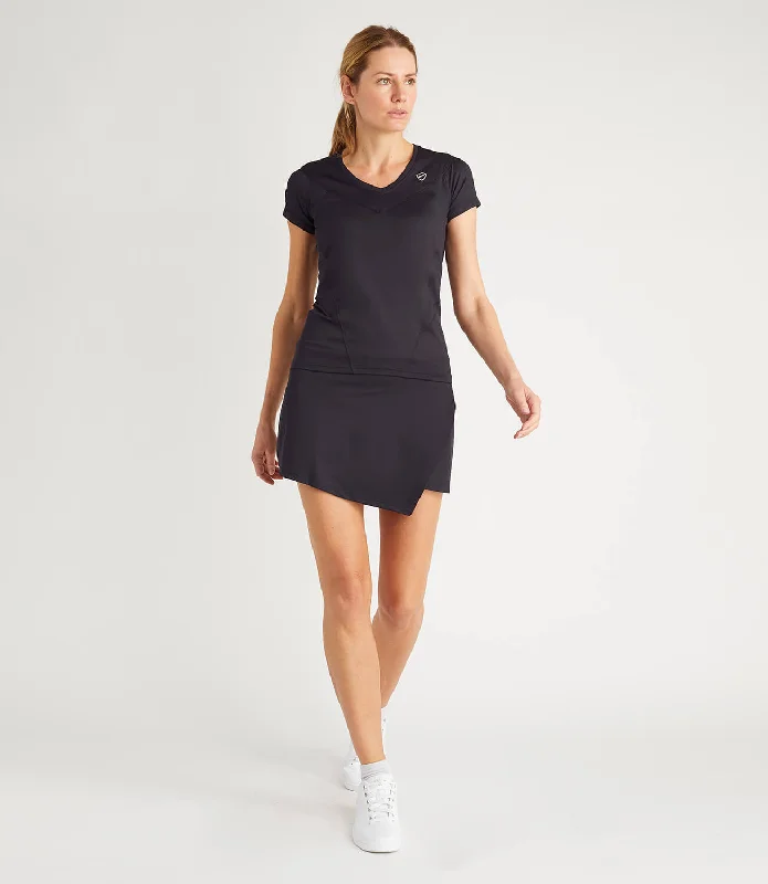 Nicole Technical V Neck Tee - Black Graphic Embroidered Appliqued
