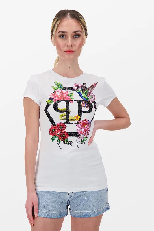 Philipp Plein White Round Neck SS Flowers T-Shirt