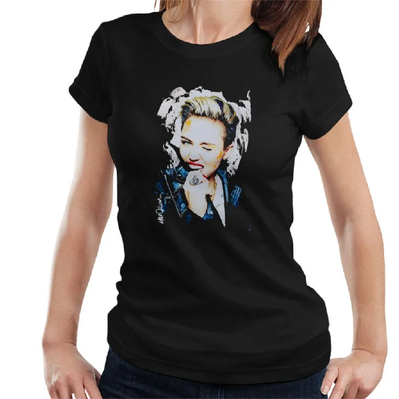 Sidney Maurer Original Portrait Of Miley Cyrus Biting Collar Women's T-Shirt Graphic Embroidered Appliqued Sidney Maurer Original Portrait Of Miley Cyrus Biting Collar Women's T-Shirt Graphic Embroidered Appliqued