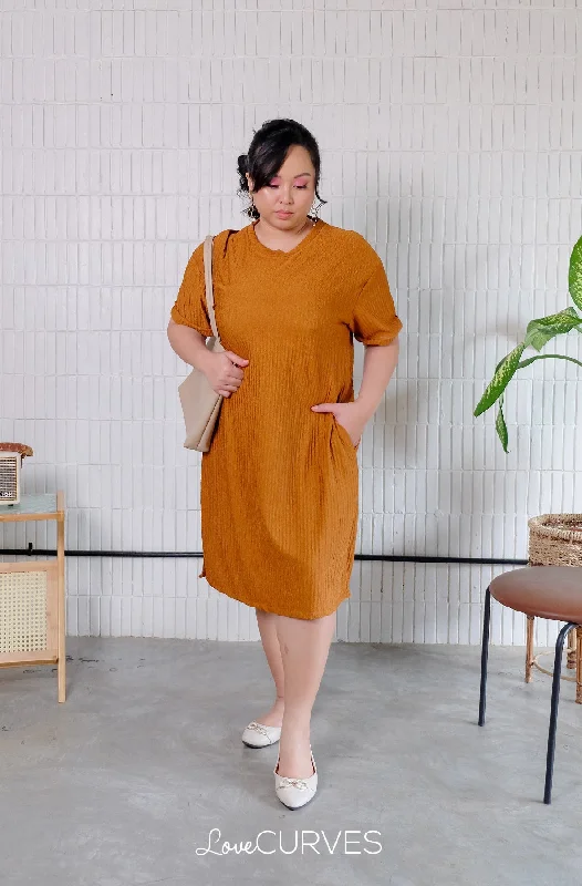 T-Shirt Dress with Side Slits - Burnt Copper Mesh Blend Leather Blend Suede Blend