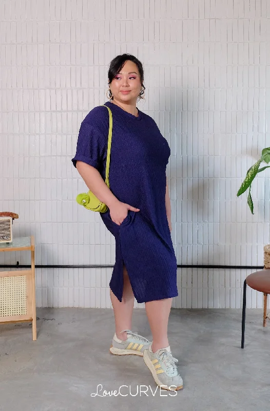 T-Shirt Dress with Side Slits - Navy Blue Denim Fabric Leather Fabric Suede Fabric