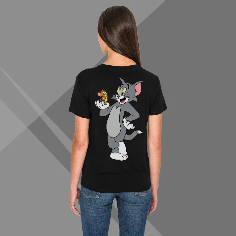 Tom & Jerry Printed Women's Black T-Shirt - T-Shirt for Cartoon Lover's Solid Color Striped Floral Tom & Jerry Printed Women's Black T-Shirt - T-Shirt for Cartoon Lover's Solid Color Striped Floral