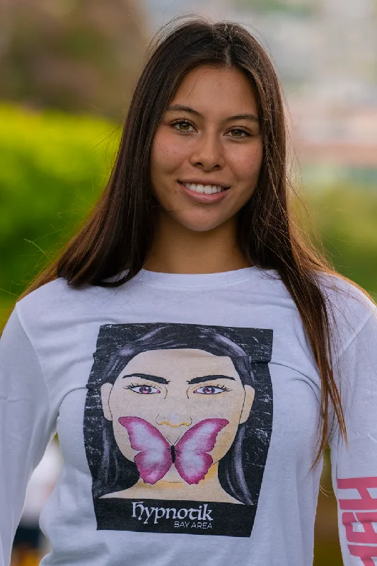 Urban Butterfly Long Sleeve Tee -- (White; S) Basic T-Shirt Crew Neck Short Sleeve