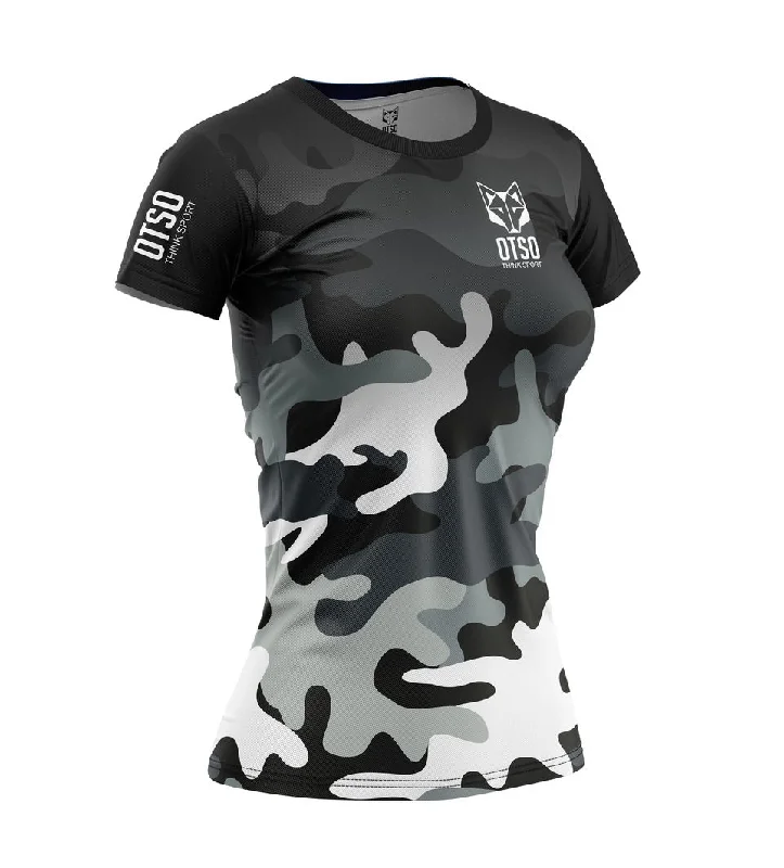 Women's T-Shirt Grey Camo Notch Collar Peter Pan Collar Cowl Neck