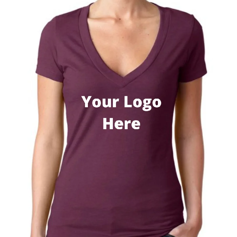YOUR Logo Printed Full Chest Front On A Women's Ideal V-Neck T-Shirt Zippered Front Buttoned Front Snap Front YOUR Logo Printed Full Chest Front On A Women's Ideal V-Neck T-Shirt Zippered Front Buttoned Front Snap Front