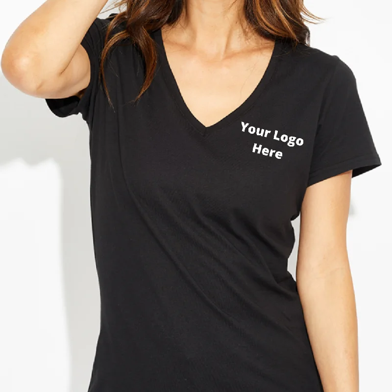 YOUR Logo Printed or Embroidered Left or Right Chest Small Front On A Women's Ideal V-Neck T-Shirt Silk Blend Satin Velvet YOUR Logo Printed or Embroidered Left or Right Chest Small Front On A Women's Ideal V-Neck T-Shirt Silk Blend Satin Velvet