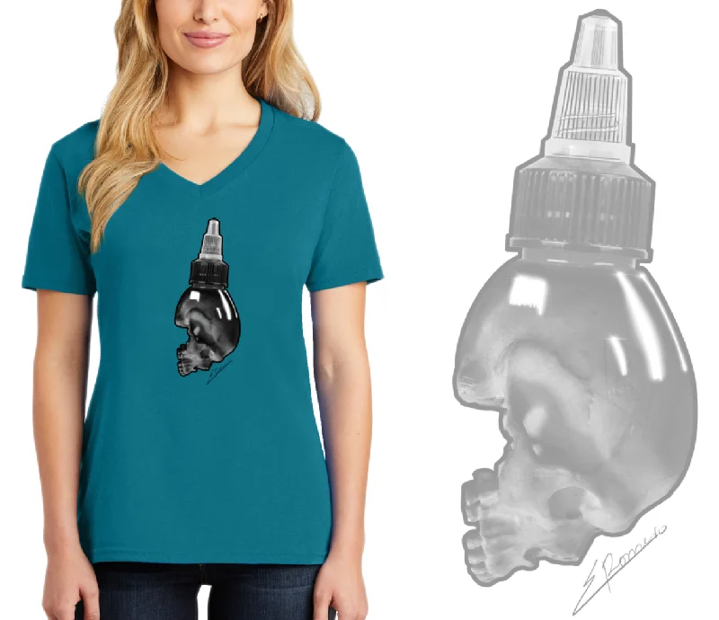 Art Society SKULL INK BOTTLE WOMENS V-NECK TEE TEAL