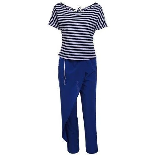 Casual Style Skew Neck Short Sleeve Striped T-Shirt + Drawstring Pants Women's Twinset - Blue And White L