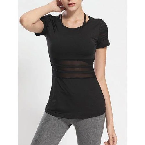 Mesh Panel Long Workout Gym Running T-Shirt - Black Xl