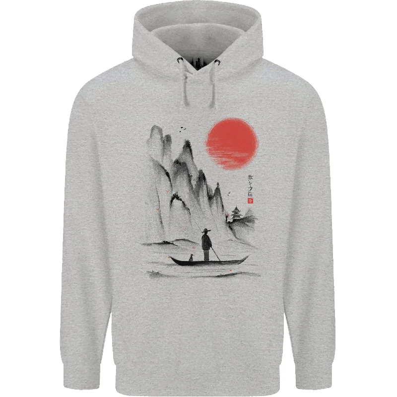 A Japanese Boat at Sunset Mens 80% Cotton Hoodie Graphic Hoodie Design Print