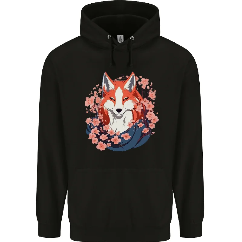 A Japanese Kitsune With Flowers Fox Mens 80% Cotton Hoodie Hoodie with Hood Adjustable Protection A Japanese Kitsune With Flowers Fox Mens 80% Cotton Hoodie Hoodie with Hood Adjustable Protection