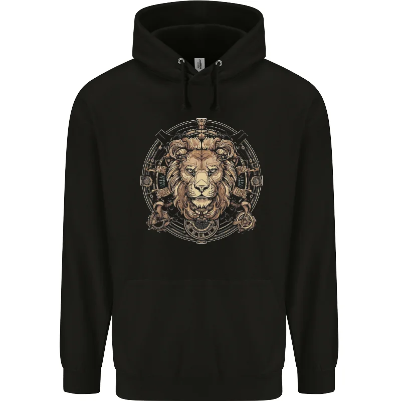 A Lions Head on a Timepiece Shield Mens 80% Cotton Hoodie Hoodie with Illustration Artistic Creative A Lions Head on a Timepiece Shield Mens 80% Cotton Hoodie Hoodie with Illustration Artistic Creative